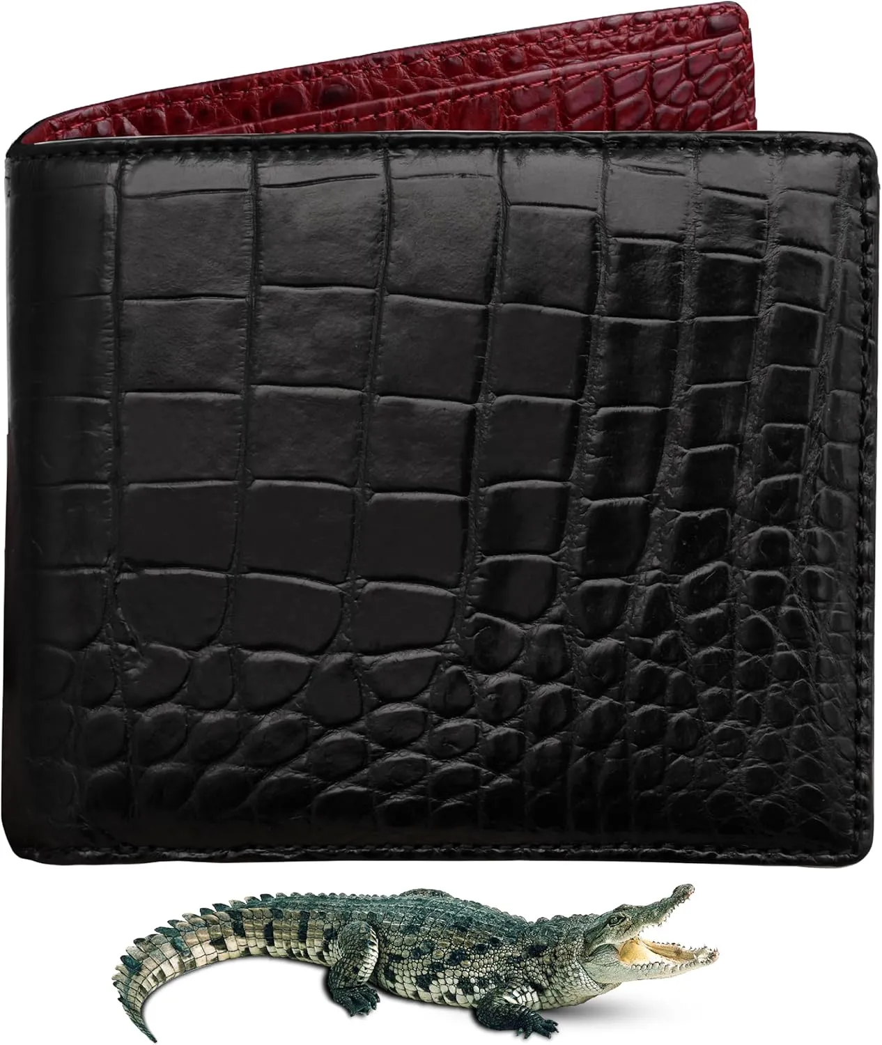 Black-Red Alligator Leather Bifold Wallet Double Side RFID Blocking Front Pocket Security Crocodile Exotic Leather Luxury Wallet With Flip-out ID Window Classic Handmade Gift For Men VILE-212