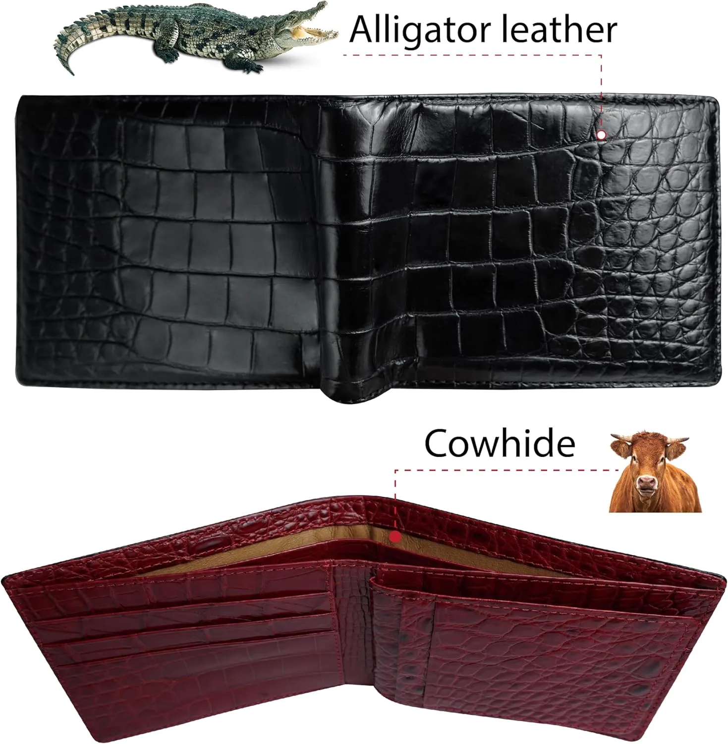 Black-Red Alligator Leather Bifold Wallet Double Side RFID Blocking Front Pocket Security Crocodile Exotic Leather Luxury Wallet With Flip-out ID Window Classic Handmade Gift For Men VILE-212