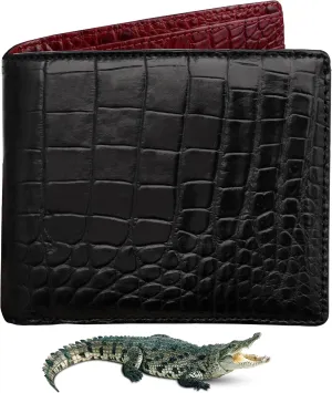 Black-Red Alligator Leather Bifold Wallet Double Side RFID Blocking Front Pocket Security Crocodile Exotic Leather Luxury Wallet With Flip-out ID Window Classic Handmade Gift For Men VILE-212