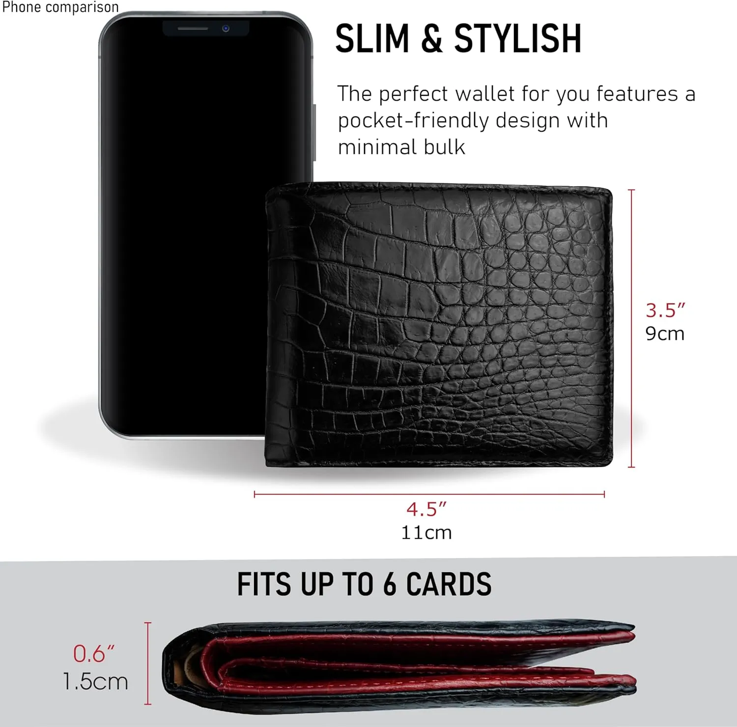 Black-Red Alligator Leather Bifold Wallet Double Side RFID Blocking Front Pocket Security Crocodile Exotic Leather Luxury Wallet With Flip-out ID Window Classic Handmade Gift For Men VILE-212