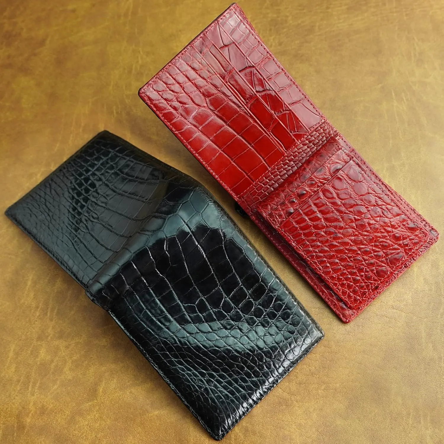 Black-Red Alligator Leather Bifold Wallet Double Side RFID Blocking Front Pocket Security Crocodile Exotic Leather Luxury Wallet With Flip-out ID Window Classic Handmade Gift For Men VILE-212