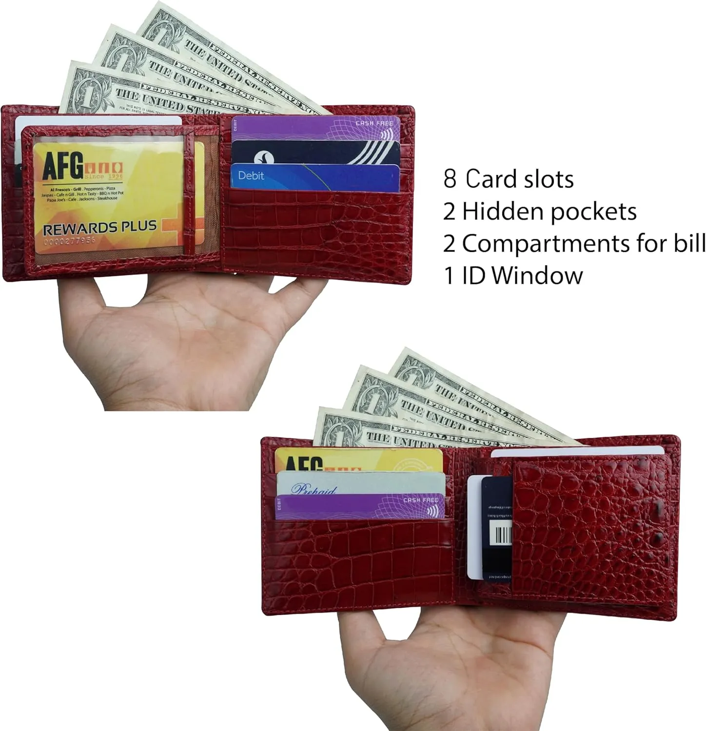 Black-Red Alligator Leather Bifold Wallet Double Side RFID Blocking Front Pocket Security Crocodile Exotic Leather Luxury Wallet With Flip-out ID Window Classic Handmade Gift For Men VILE-212