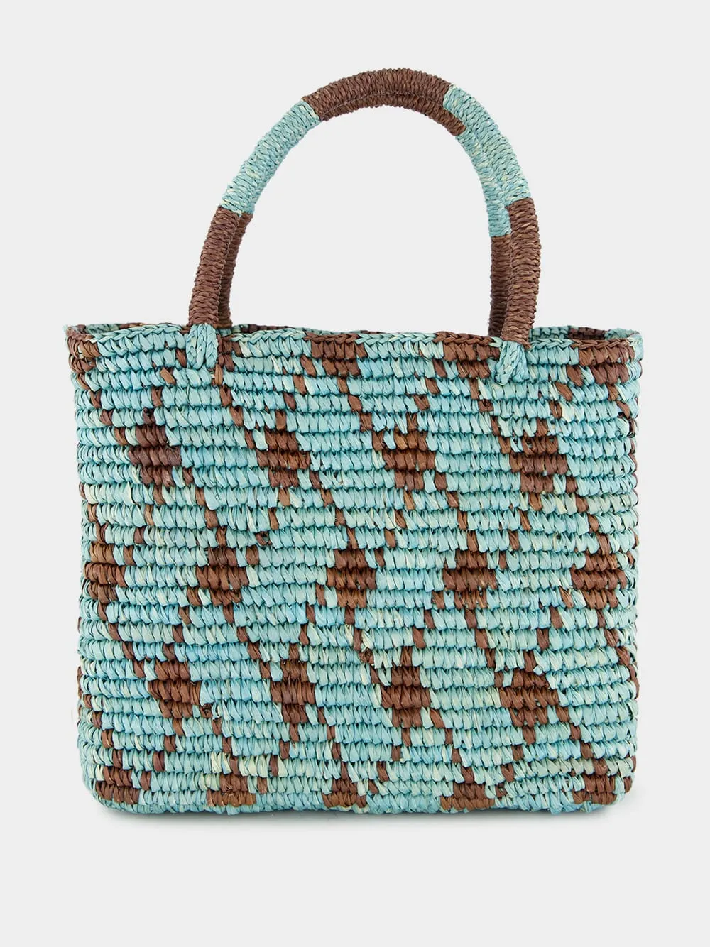 Blue and Brown Canasta Patterned Medium Handbag