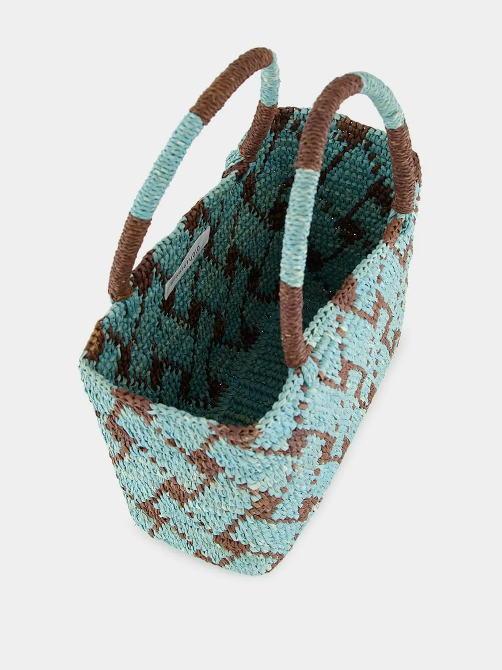Blue and Brown Canasta Patterned Medium Handbag