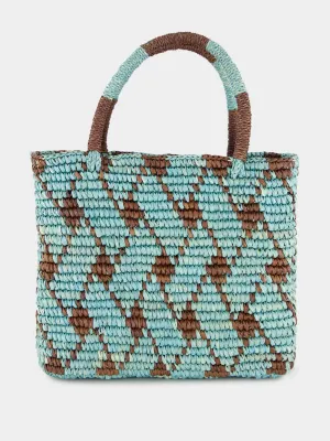 Blue and Brown Canasta Patterned Medium Handbag