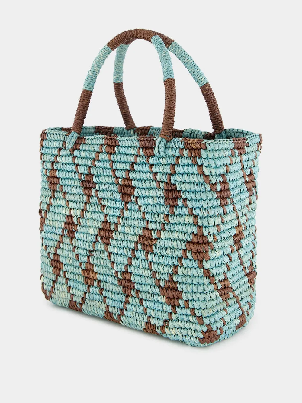 Blue and Brown Canasta Patterned Medium Handbag