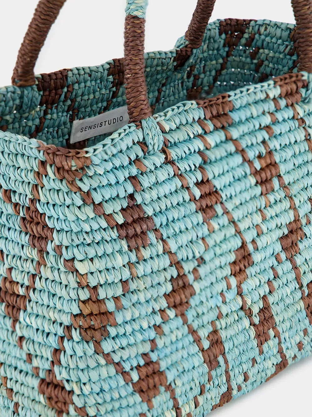 Blue and Brown Canasta Patterned Medium Handbag