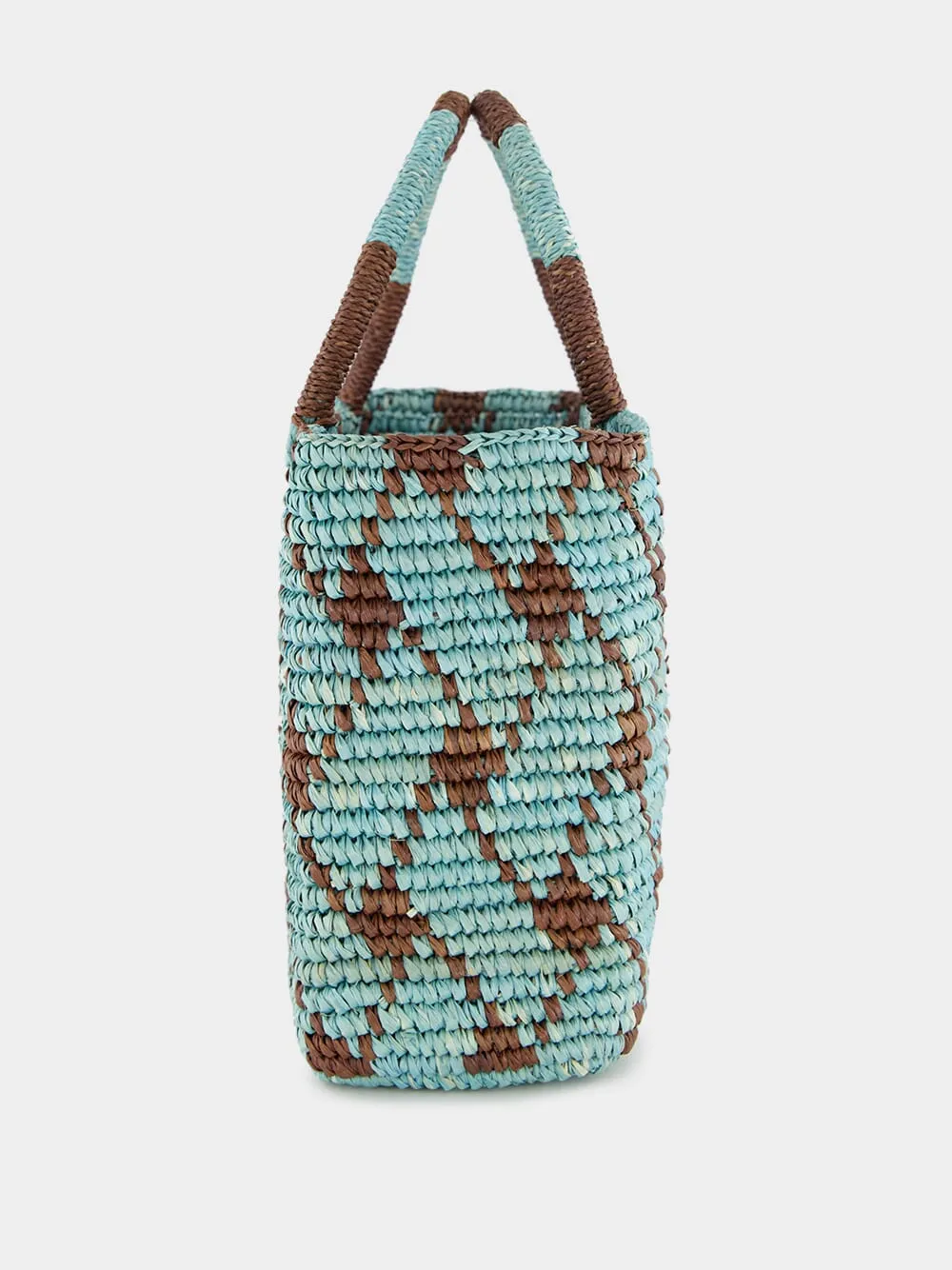 Blue and Brown Canasta Patterned Medium Handbag