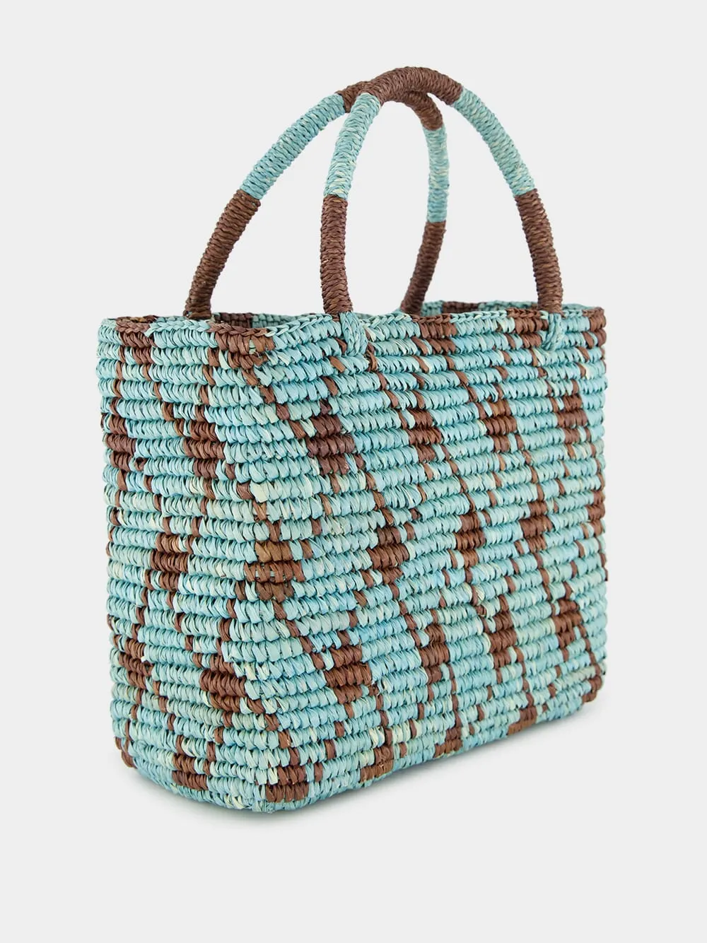 Blue and Brown Canasta Patterned Medium Handbag