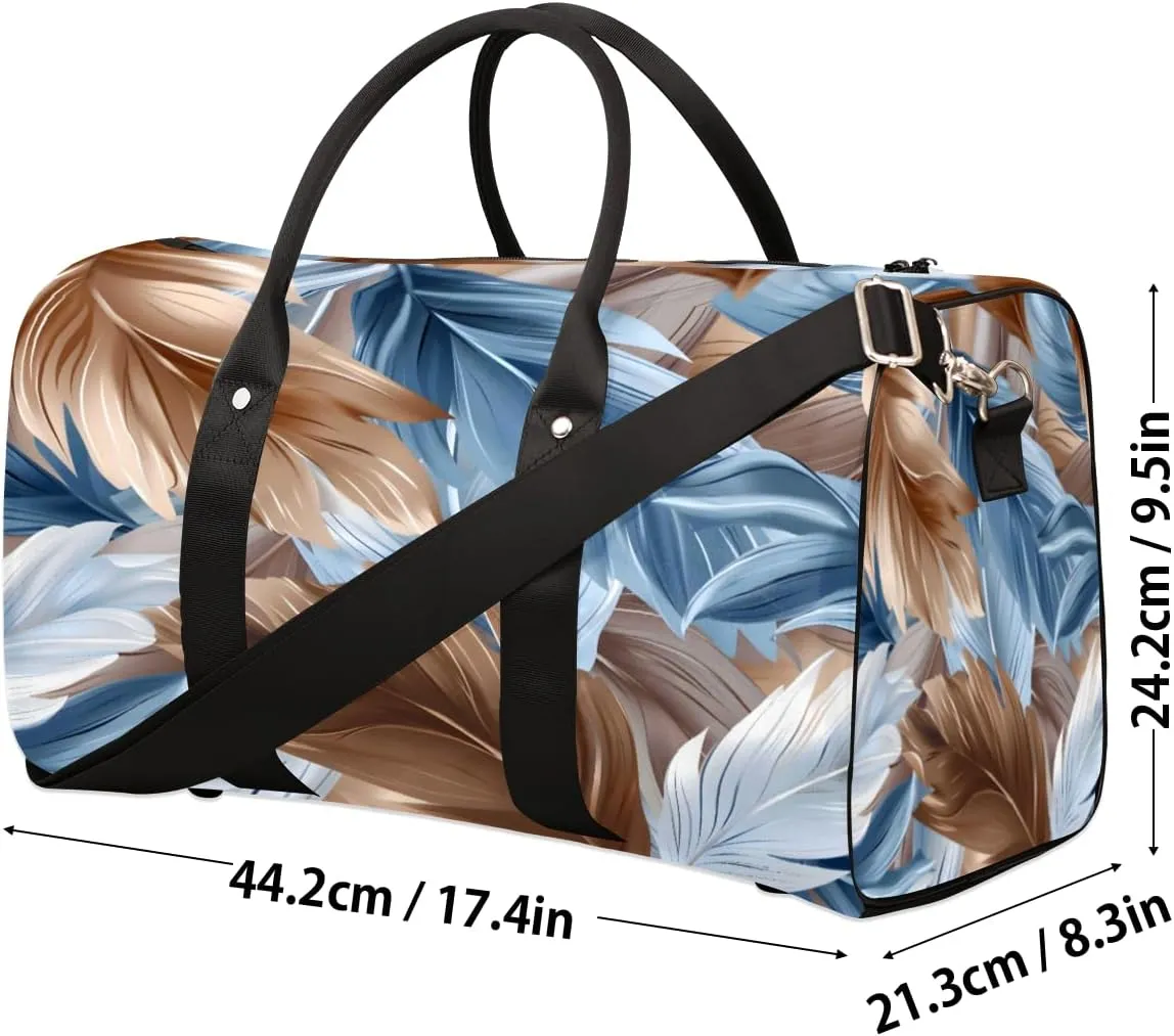 Blue Brown Feather Travel Duffle Bag, Sports Gym Bags for Women Men, Carry On Weekender Overnight Workout Airplane Trips Bag
