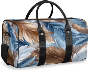 Blue Brown Feather Travel Duffle Bag, Sports Gym Bags for Women Men, Carry On Weekender Overnight Workout Airplane Trips Bag