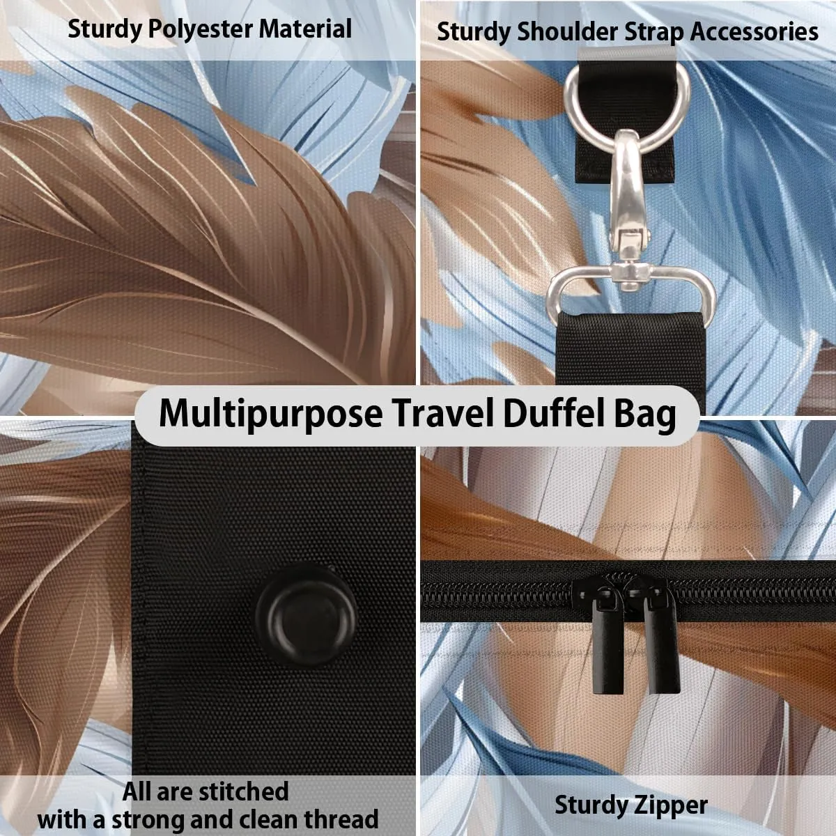 Blue Brown Feather Travel Duffle Bag, Sports Gym Bags for Women Men, Carry On Weekender Overnight Workout Airplane Trips Bag