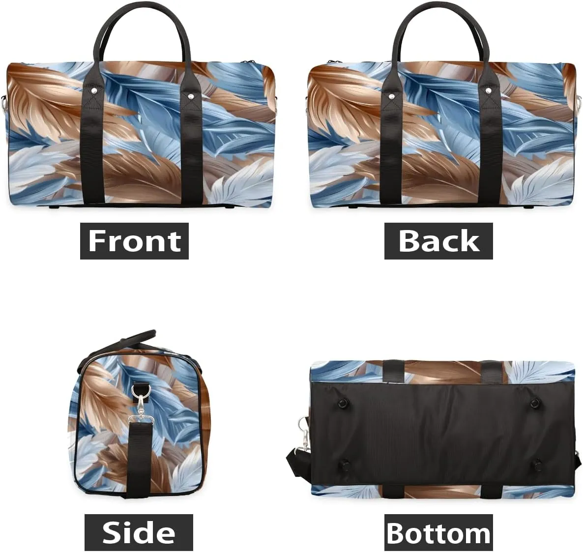 Blue Brown Feather Travel Duffle Bag, Sports Gym Bags for Women Men, Carry On Weekender Overnight Workout Airplane Trips Bag