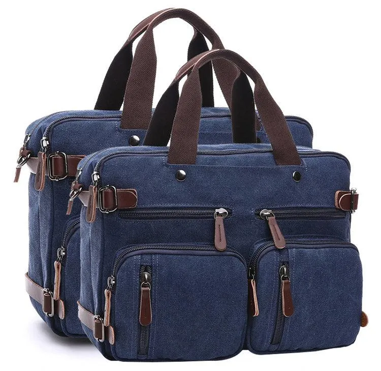 Blue Vintage Canvas Backpack  With Brown Strap Design