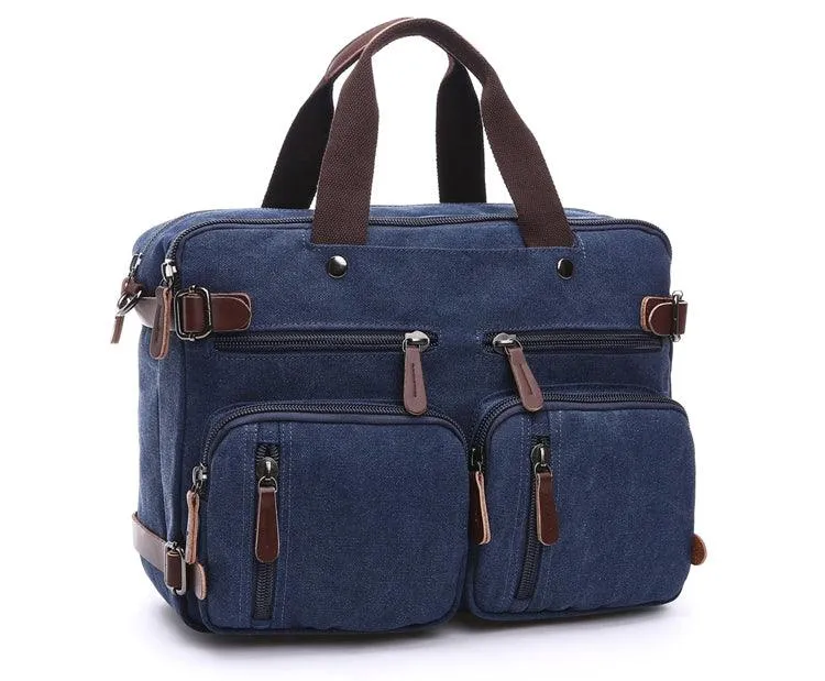 Blue Vintage Canvas Backpack  With Brown Strap Design