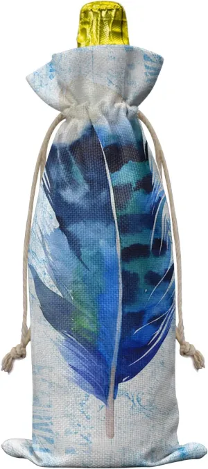 Blue White Watercolor Feather Wine Bottle Bags Wine Bottle Cover with Drawstring, Retro Rustic Abstract Watercolor Art Gift Bag for Champagne, Wedding, Birthday, Party