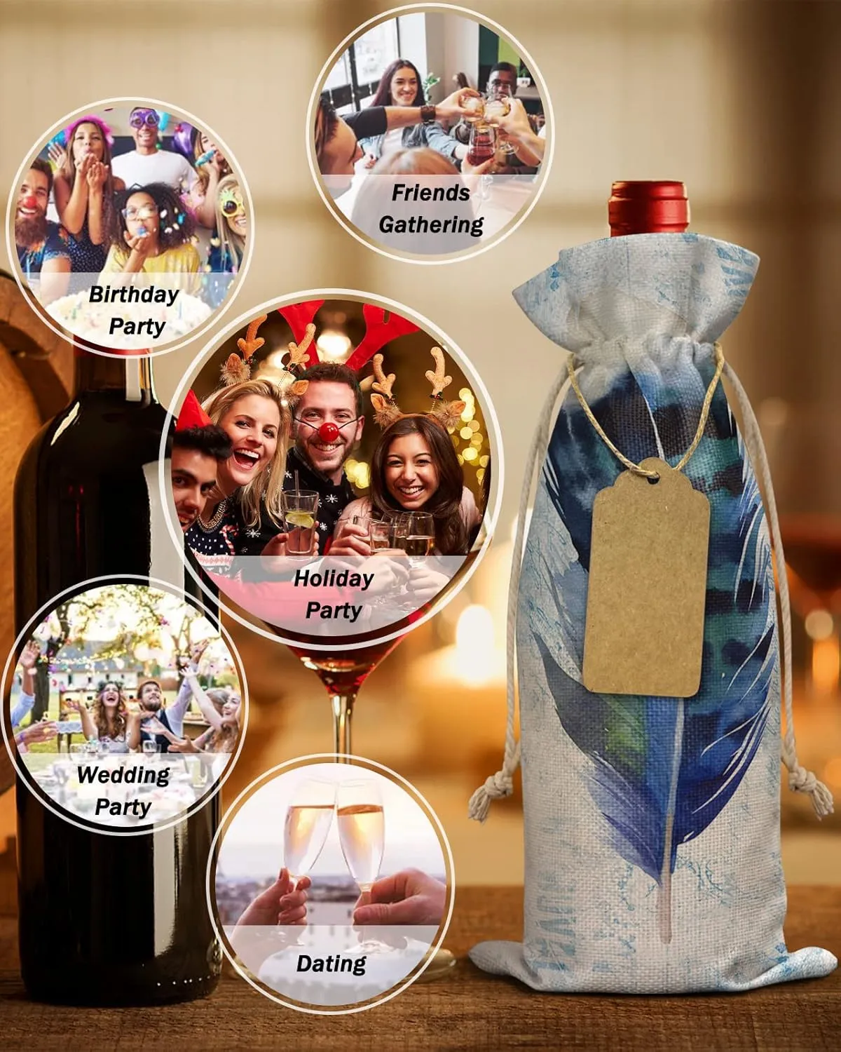 Blue White Watercolor Feather Wine Bottle Bags Wine Bottle Cover with Drawstring, Retro Rustic Abstract Watercolor Art Gift Bag for Champagne, Wedding, Birthday, Party