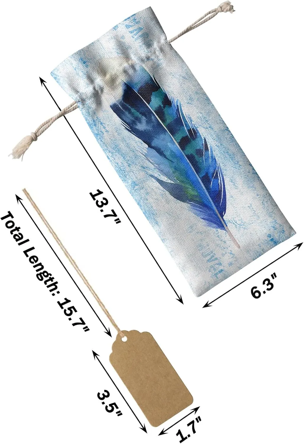 Blue White Watercolor Feather Wine Bottle Bags Wine Bottle Cover with Drawstring, Retro Rustic Abstract Watercolor Art Gift Bag for Champagne, Wedding, Birthday, Party