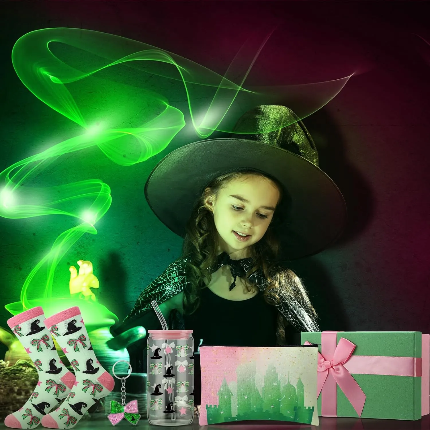 Boao 5 Pcs Pink and Green Gift Set with Glass Cup Socks Cosmetic Bag Keychain Box Witch Stuff Pink and Green Themed Birthday Party Supplies for Castle Fantasy Princess Witch Gifts