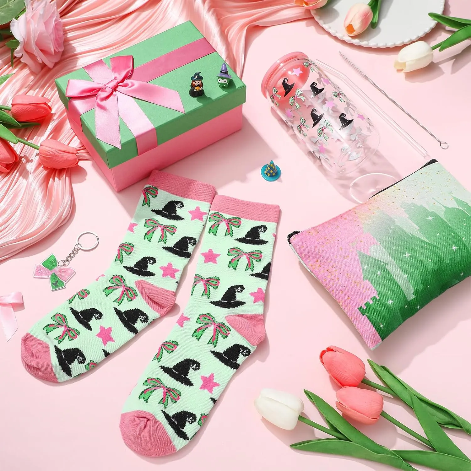 Boao 5 Pcs Pink and Green Gift Set with Glass Cup Socks Cosmetic Bag Keychain Box Witch Stuff Pink and Green Themed Birthday Party Supplies for Castle Fantasy Princess Witch Gifts