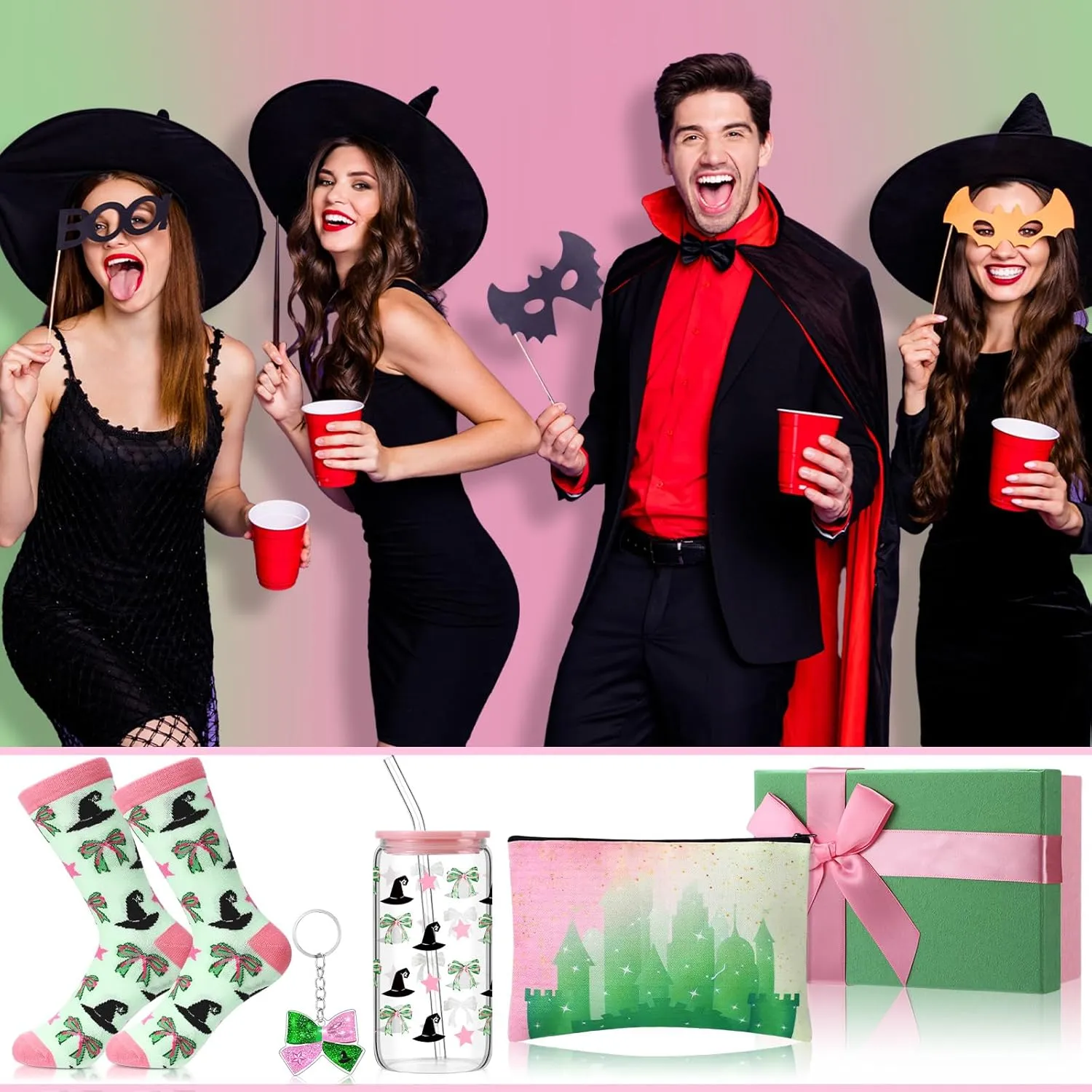 Boao 5 Pcs Pink and Green Gift Set with Glass Cup Socks Cosmetic Bag Keychain Box Witch Stuff Pink and Green Themed Birthday Party Supplies for Castle Fantasy Princess Witch Gifts