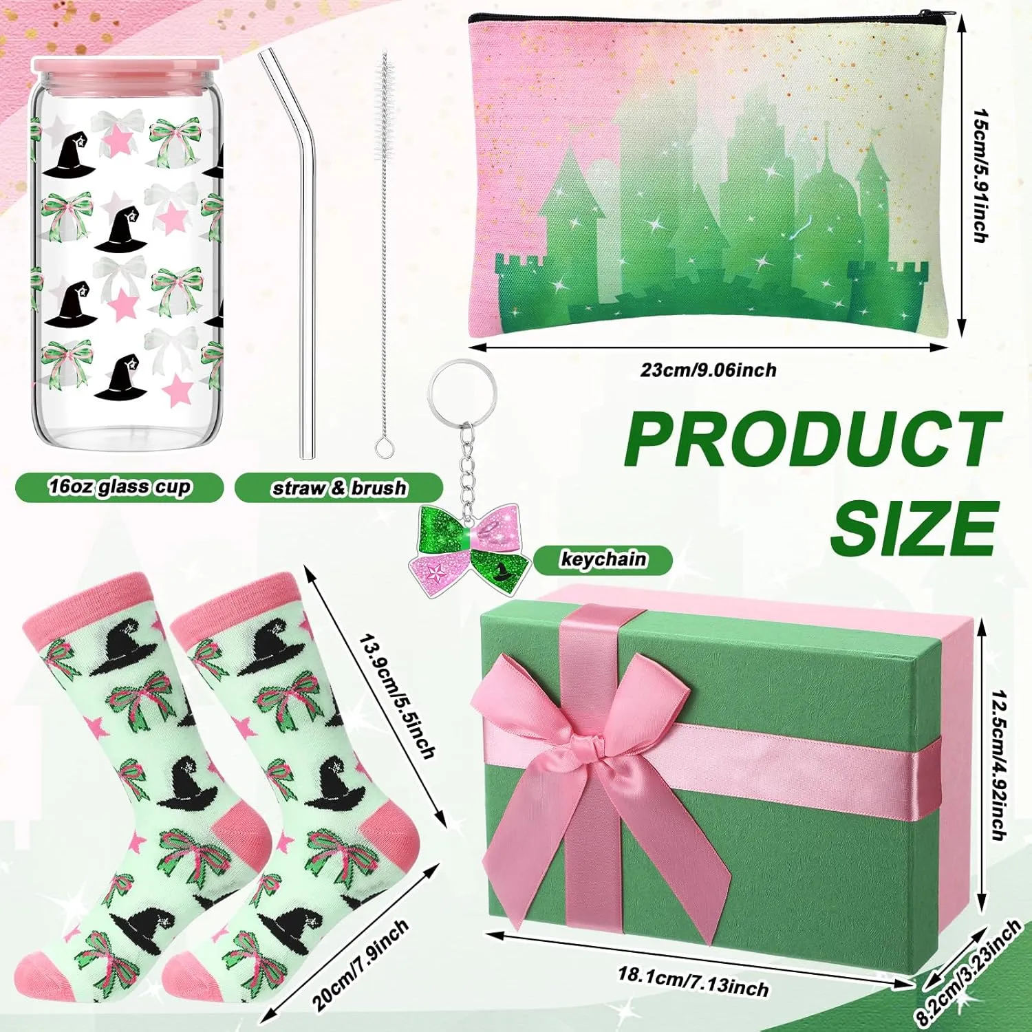 Boao 5 Pcs Pink and Green Gift Set with Glass Cup Socks Cosmetic Bag Keychain Box Witch Stuff Pink and Green Themed Birthday Party Supplies for Castle Fantasy Princess Witch Gifts