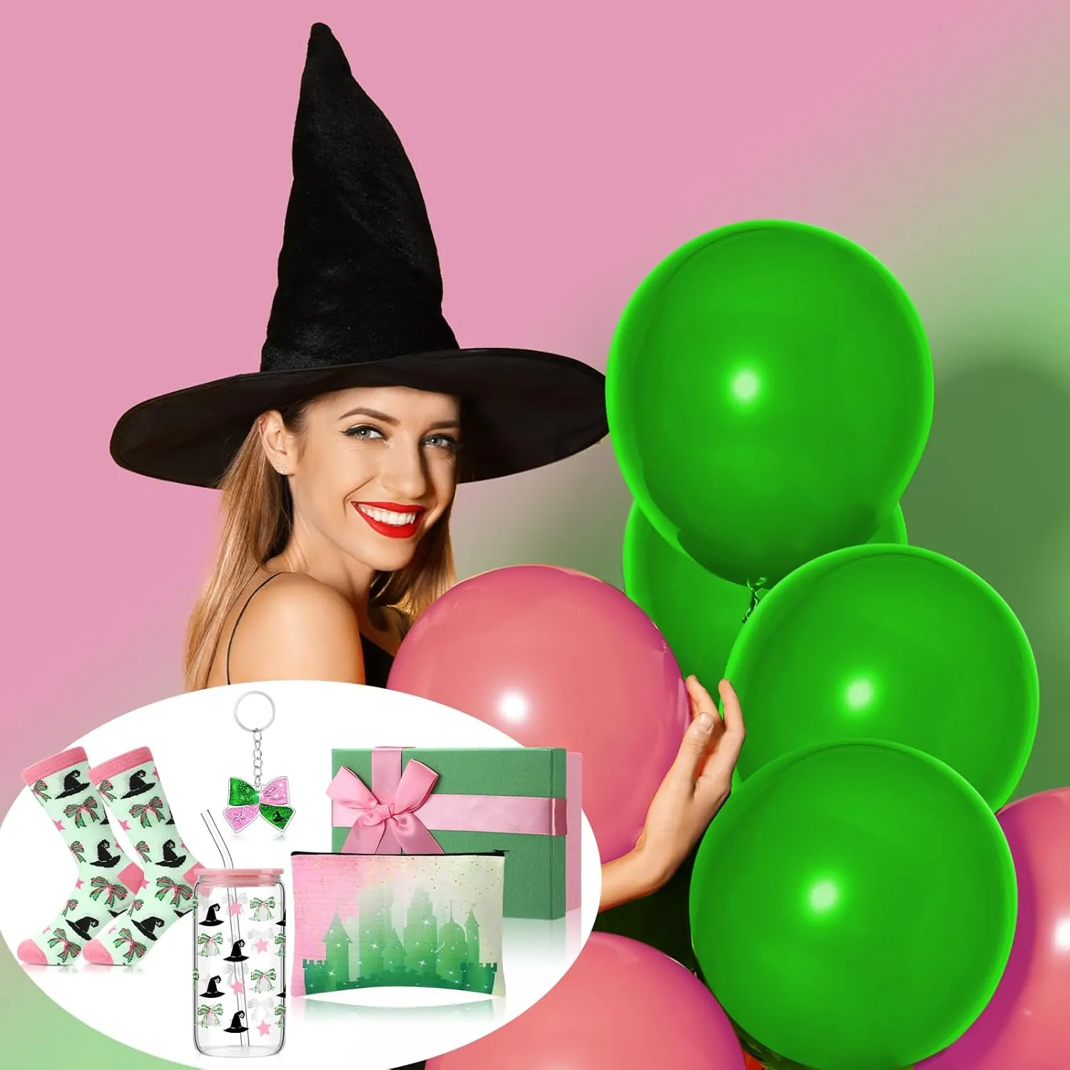 Boao 5 Pcs Pink and Green Gift Set with Glass Cup Socks Cosmetic Bag Keychain Box Witch Stuff Pink and Green Themed Birthday Party Supplies for Castle Fantasy Princess Witch Gifts