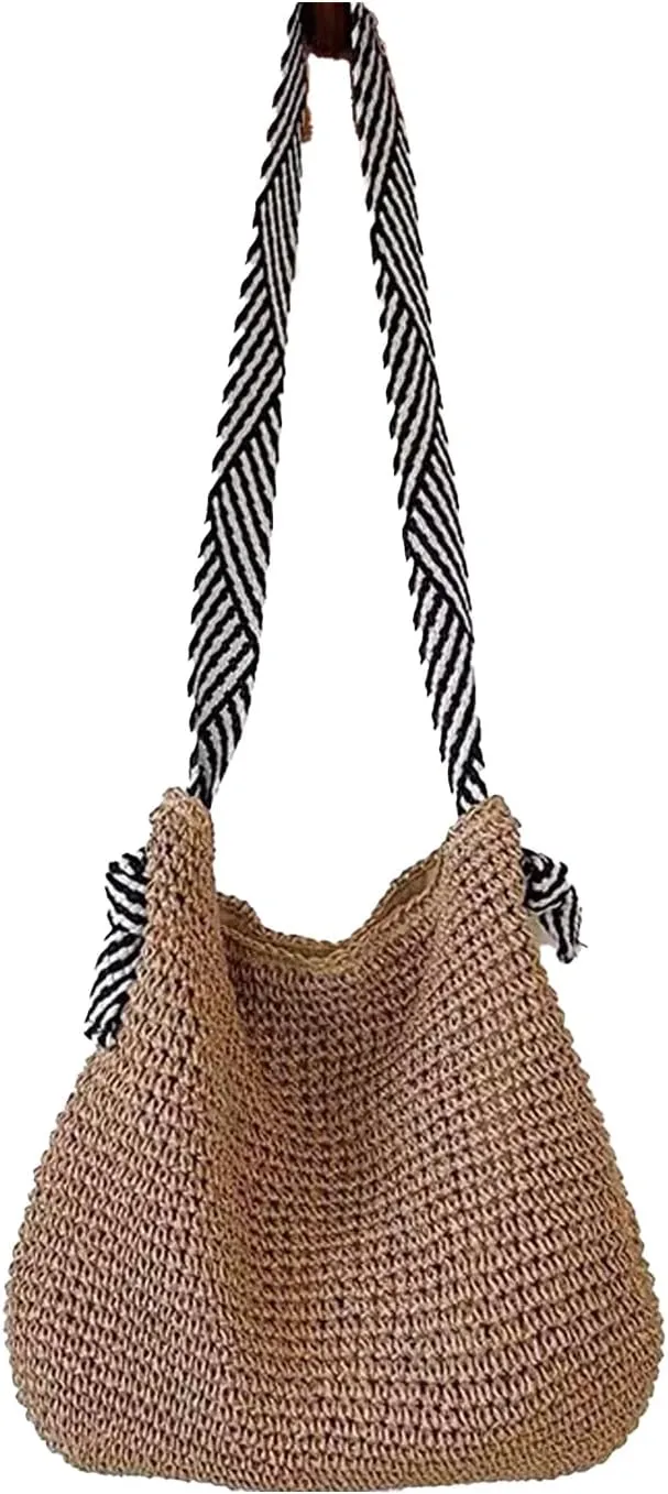 Bohemian Straw Bag,Tote Handmade Bag Hand-woven Women Handbags for Retro Summer Vacation Beach Travel Daily Matching 02