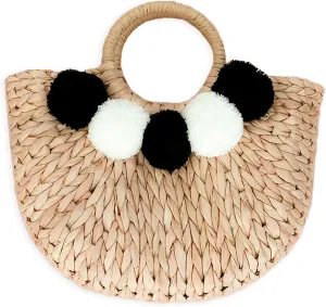 Boho Chic Straw Bag with Pom Poms Hand-Woven Sound Handle Purse Summer Beach Bag for Women