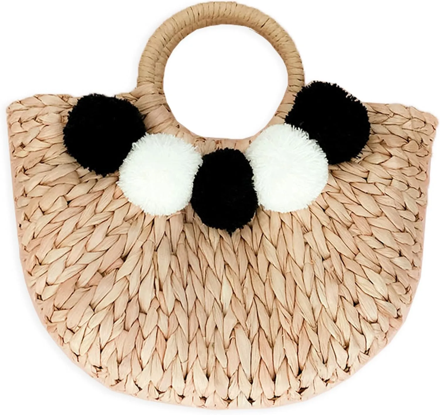 Boho Chic Straw Bag with Pom Poms Hand-Woven Sound Handle Purse Summer Beach Bag for Women