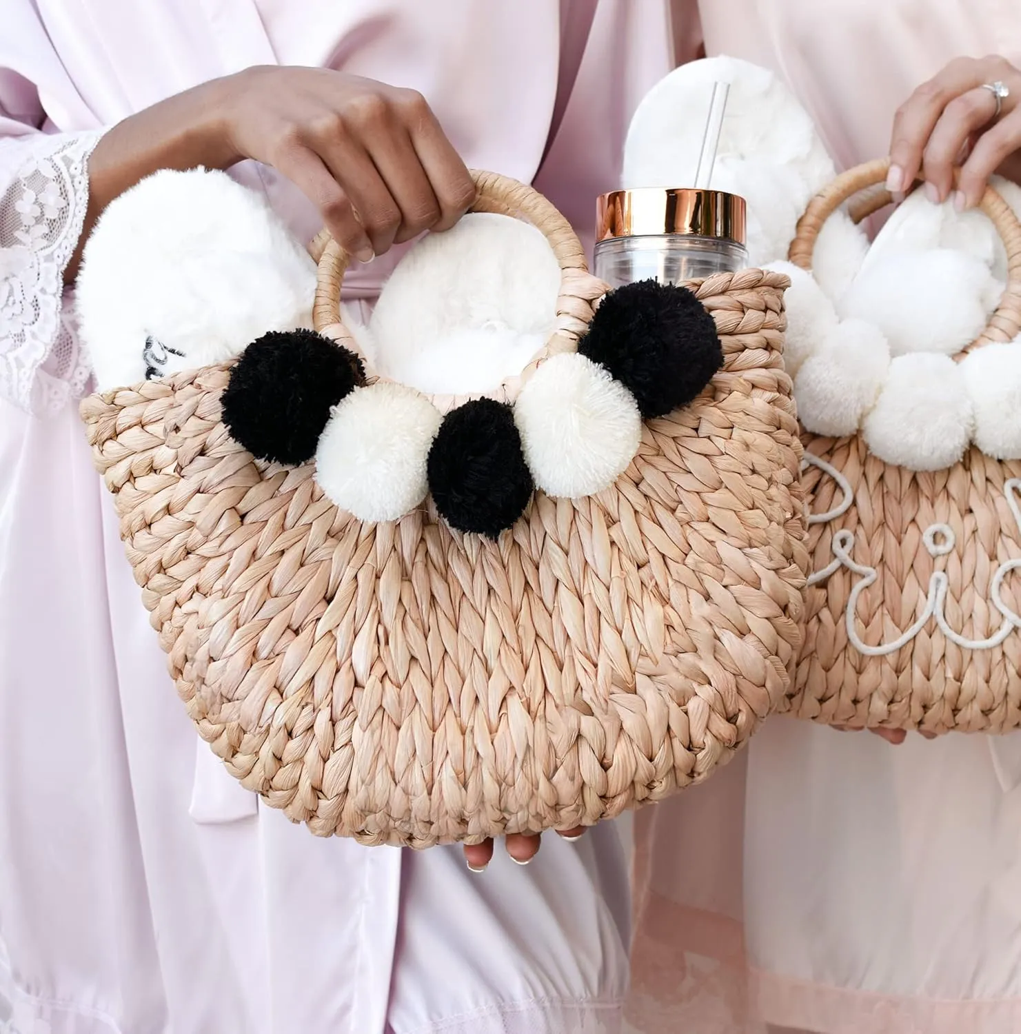 Boho Chic Straw Bag with Pom Poms Hand-Woven Sound Handle Purse Summer Beach Bag for Women