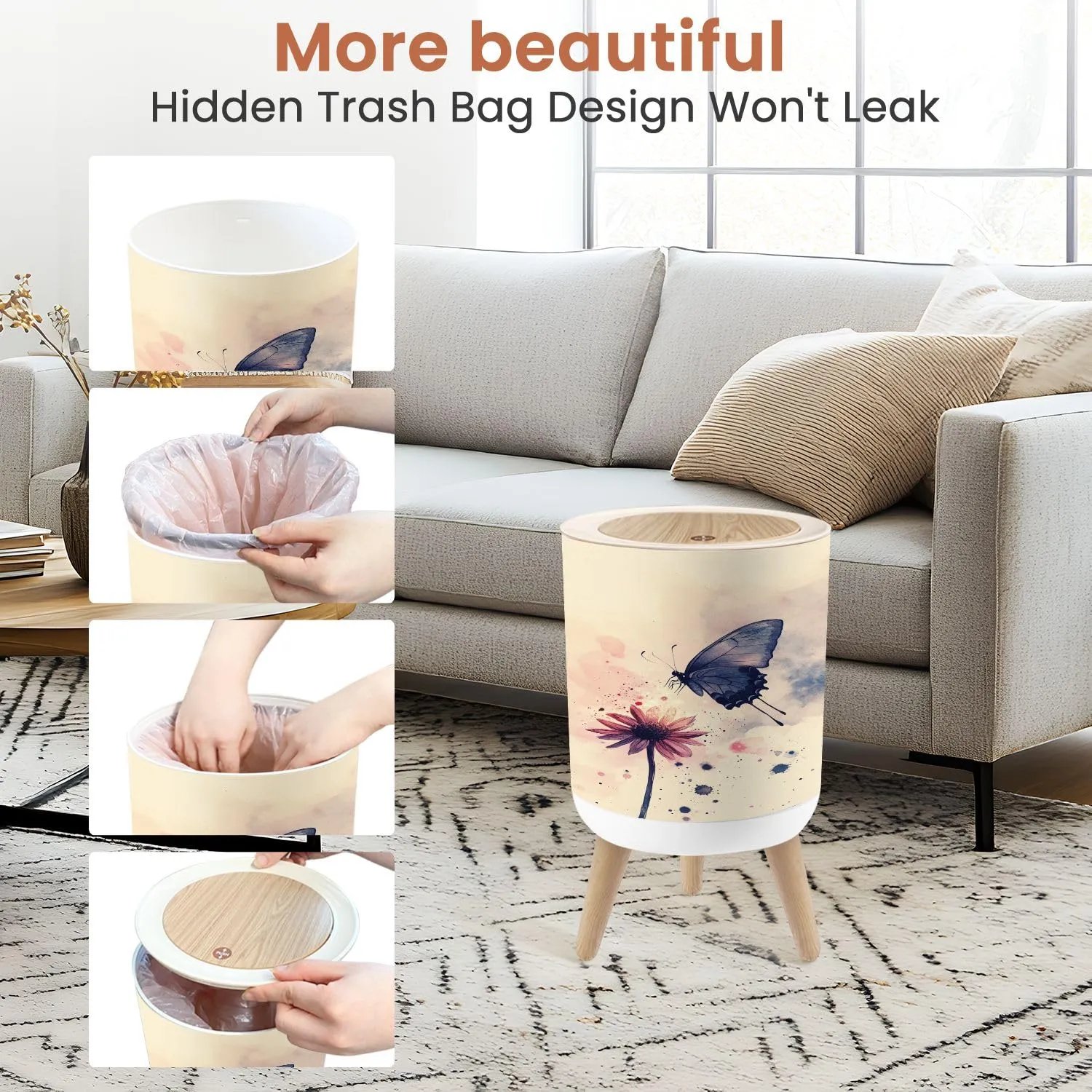 Boho Small Trash Can with Lid Ethereal Butterfly Mid Flight Watercolor Pastel Sky Setting 1.8 Gallon Dog Proof Trash Can Round Garbage Can Waste Bin Wastebasket for Bathroom Bedroom Living Room