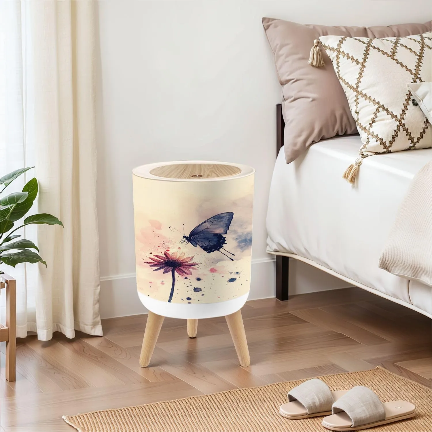 Boho Small Trash Can with Lid Ethereal Butterfly Mid Flight Watercolor Pastel Sky Setting 1.8 Gallon Dog Proof Trash Can Round Garbage Can Waste Bin Wastebasket for Bathroom Bedroom Living Room