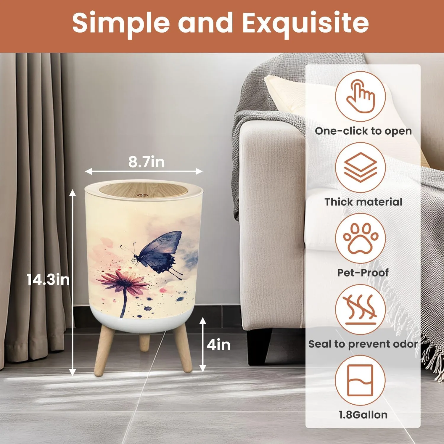 Boho Small Trash Can with Lid Ethereal Butterfly Mid Flight Watercolor Pastel Sky Setting 1.8 Gallon Dog Proof Trash Can Round Garbage Can Waste Bin Wastebasket for Bathroom Bedroom Living Room