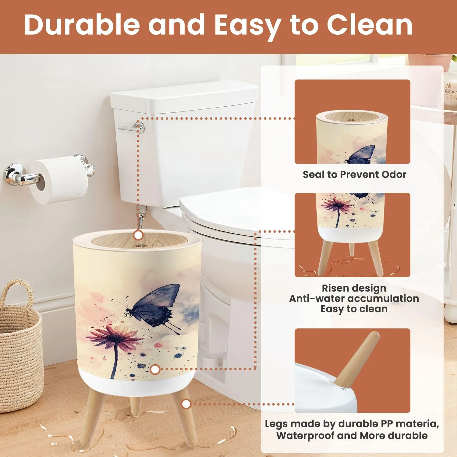 Boho Small Trash Can with Lid Ethereal Butterfly Mid Flight Watercolor Pastel Sky Setting 1.8 Gallon Dog Proof Trash Can Round Garbage Can Waste Bin Wastebasket for Bathroom Bedroom Living Room