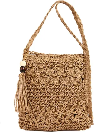 Boho Straw Crossbody Bags for Women Handmade Beach Bag Summer Woven Crossbody Bags Small Purse Crochet Purse