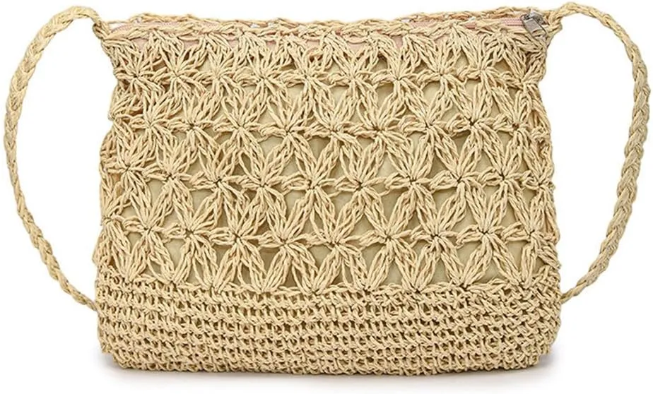 Boho Straw Shoulder Bag Handwoven Wicker Beach Purse for Women Crossbody Handbag
