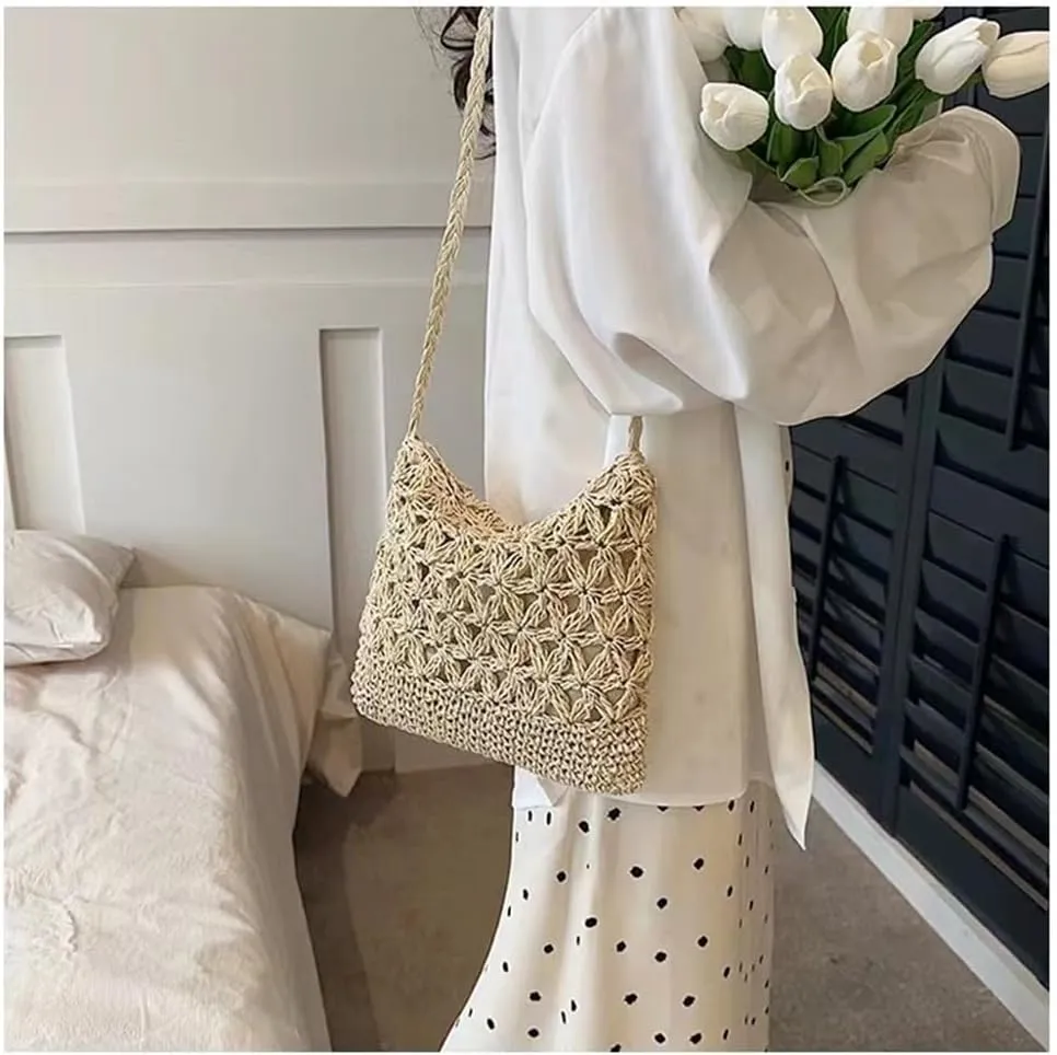 Boho Straw Shoulder Bag Handwoven Wicker Beach Purse for Women Crossbody Handbag