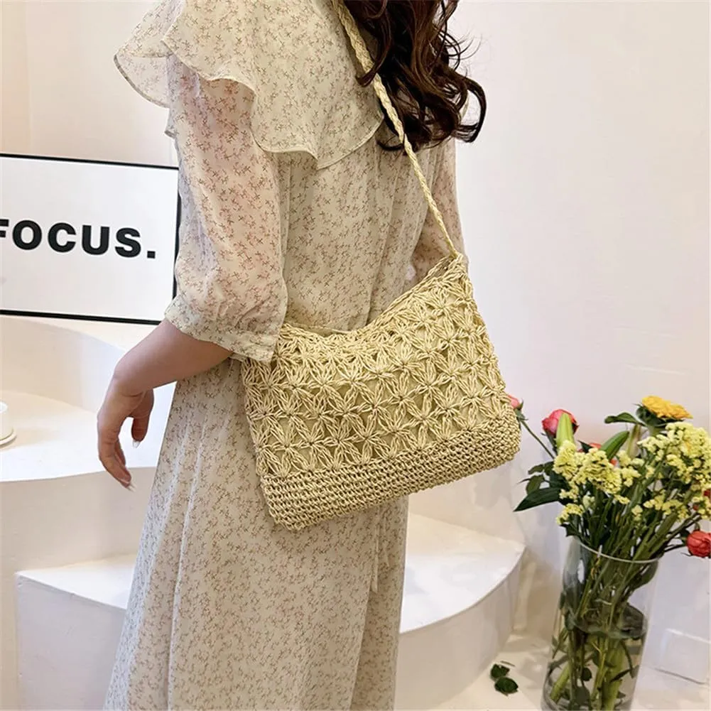 Boho Straw Shoulder Bag Handwoven Wicker Beach Purse for Women Crossbody Handbag