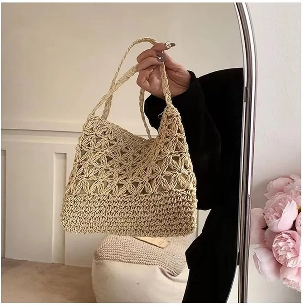 Boho Straw Shoulder Bag Handwoven Wicker Beach Purse for Women Crossbody Handbag