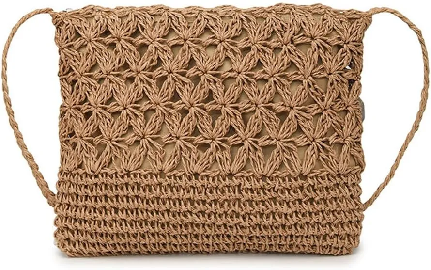 Boho Straw Shoulder Bag Handwoven Wicker Beach Purse for Women Crossbody Handbag