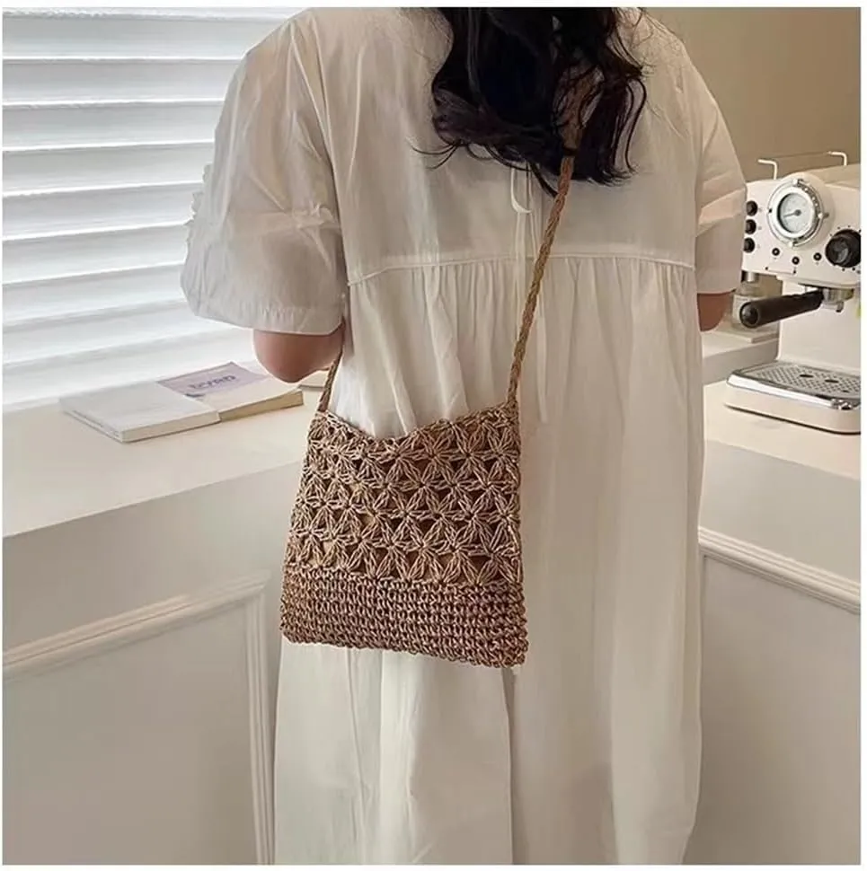 Boho Straw Shoulder Bag Handwoven Wicker Beach Purse for Women Crossbody Handbag