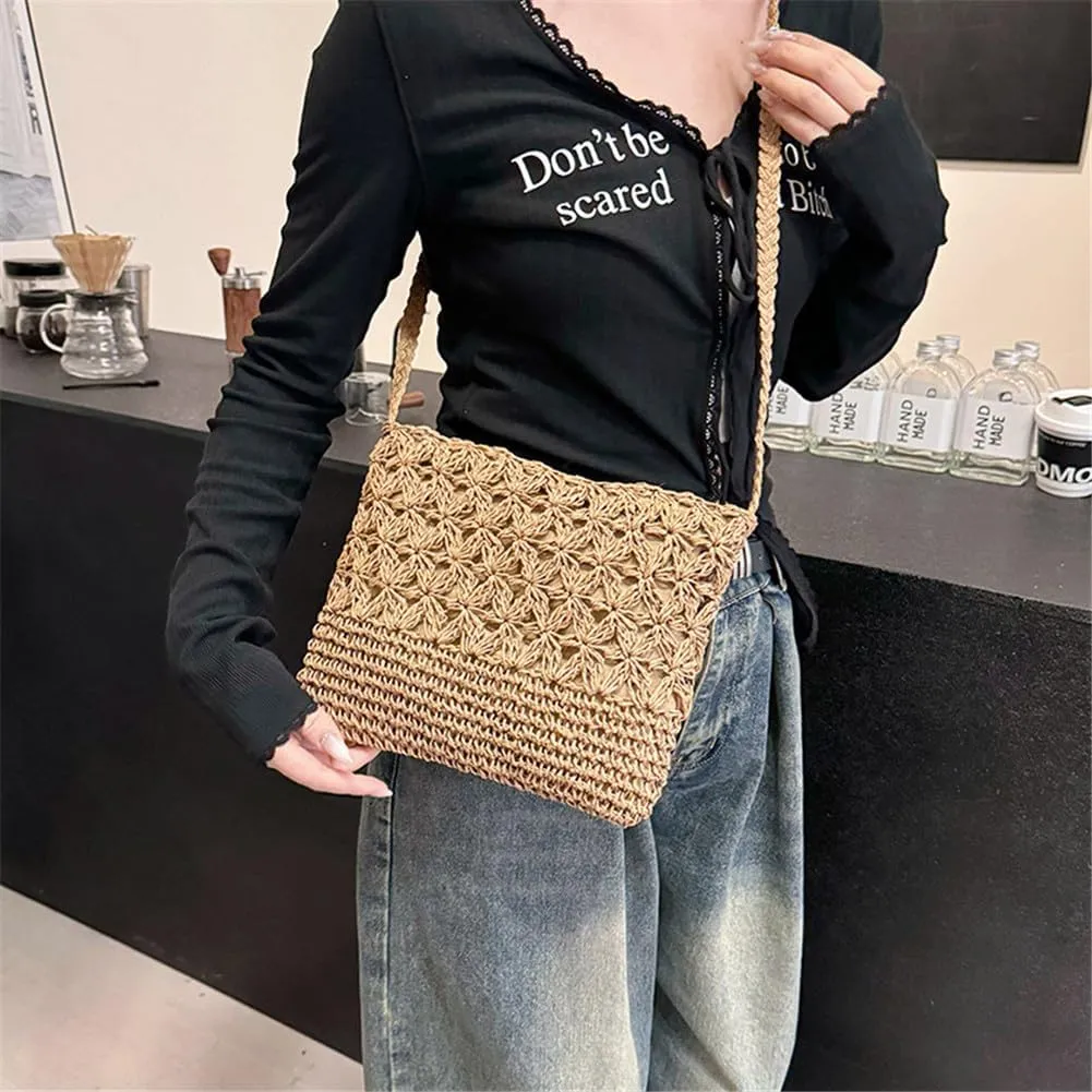 Boho Straw Shoulder Bag Handwoven Wicker Beach Purse for Women Crossbody Handbag