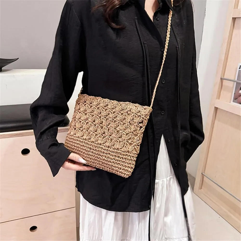 Boho Straw Shoulder Bag Handwoven Wicker Beach Purse for Women Crossbody Handbag