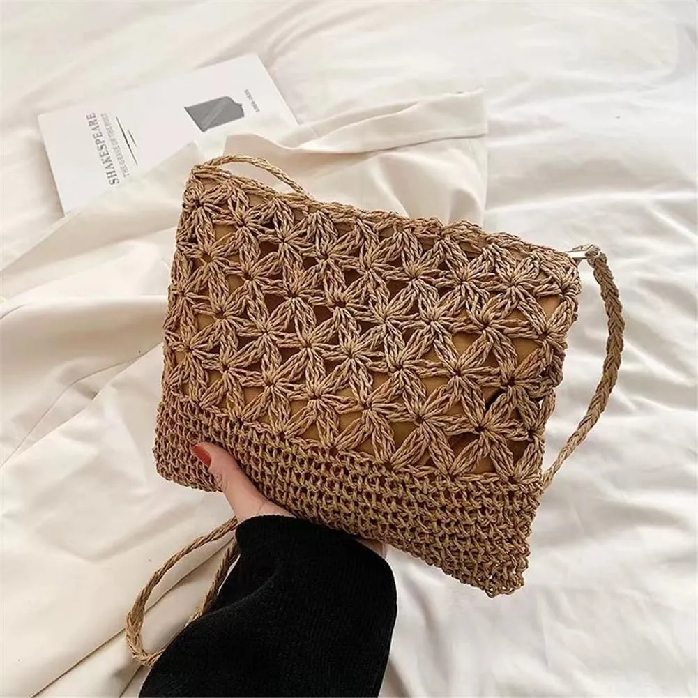 Boho Straw Shoulder Bag Handwoven Wicker Beach Purse for Women Crossbody Handbag