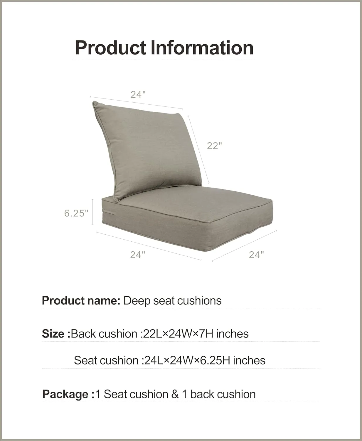 BOSSIMA Outdoor Patio Cushions 24"×24“ Deep Seat Chair Cushions Furniture Cushions Camel, Sunbrella Canvas Heather Beige