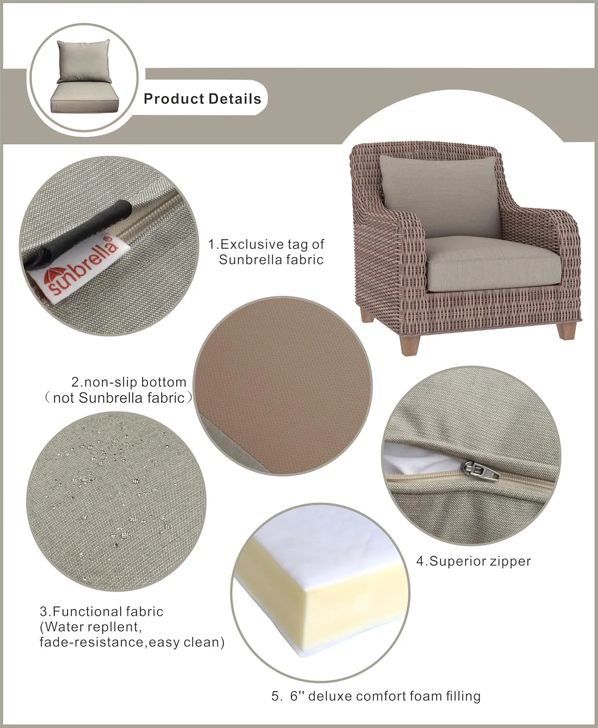 BOSSIMA Outdoor Patio Cushions 24"×24“ Deep Seat Chair Cushions Furniture Cushions Camel, Sunbrella Canvas Heather Beige