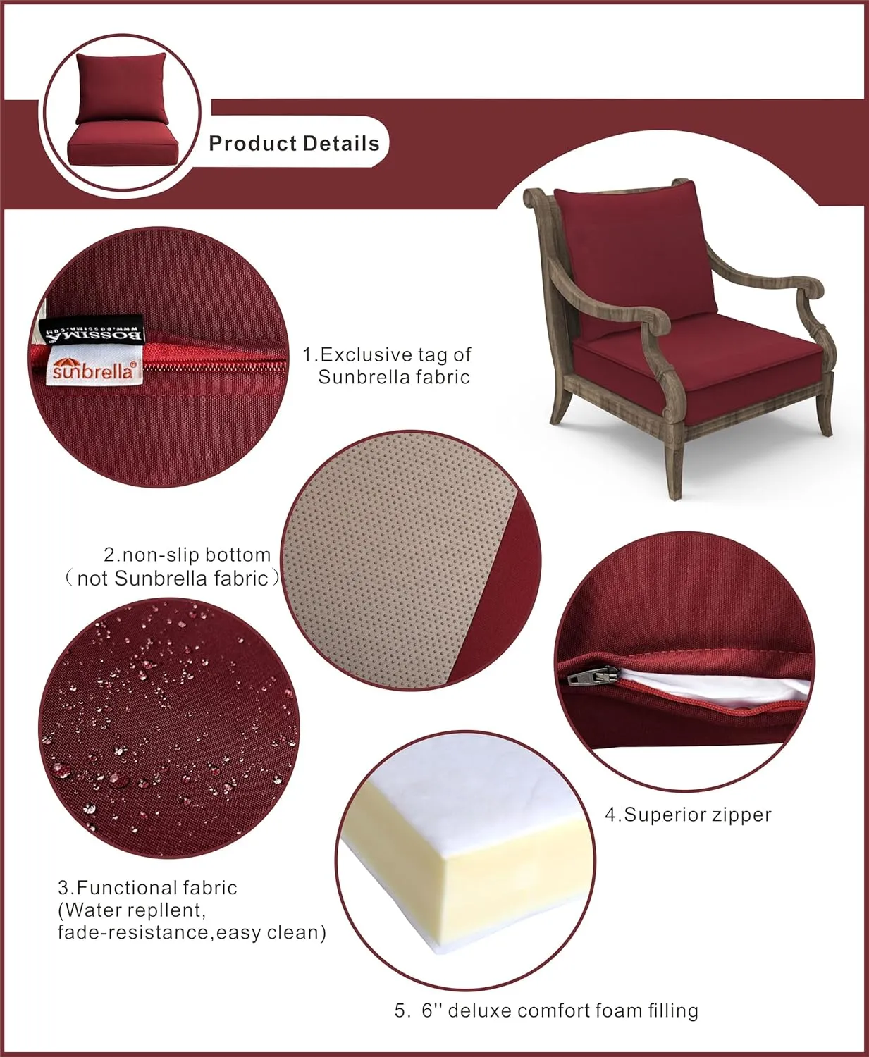 BOSSIMA Outdoor Patio Cushions Deep Seat Chair Cushions Furniture Cushions White, Sunbrella Canvas Burgundy