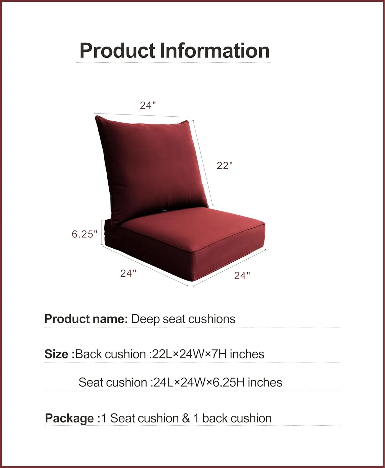 BOSSIMA Outdoor Patio Cushions Deep Seat Chair Cushions Furniture Cushions White, Sunbrella Canvas Burgundy