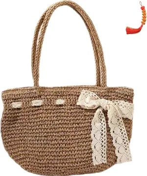 Bowknot Woven Bag. It's a single-shoulder and hand-carrying hand-woven straw bag, It's a women's bag.